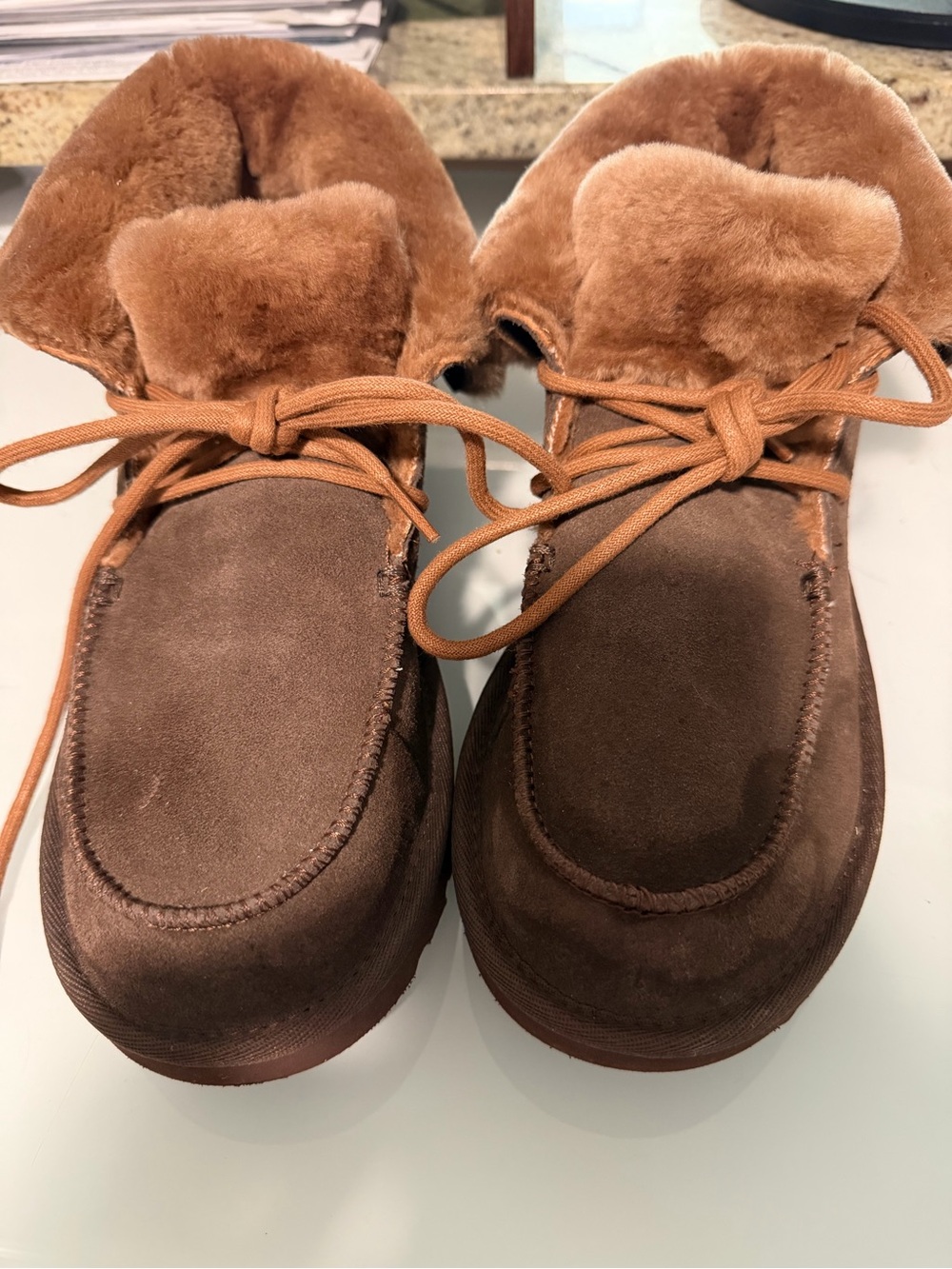 UGG Chestnut Brown Suede Shearling-Lined Lace Moccasins